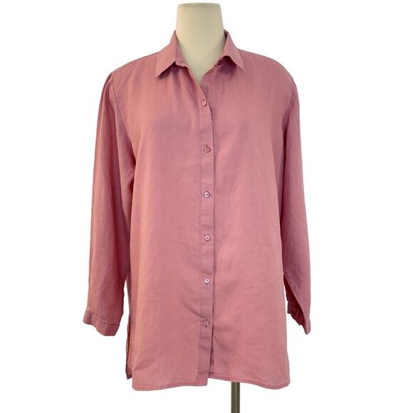 Eileen Fisher Organic Linen Blend Long Sleeve Button Up Shirt Blouse Pink L - Picture 1 of 10